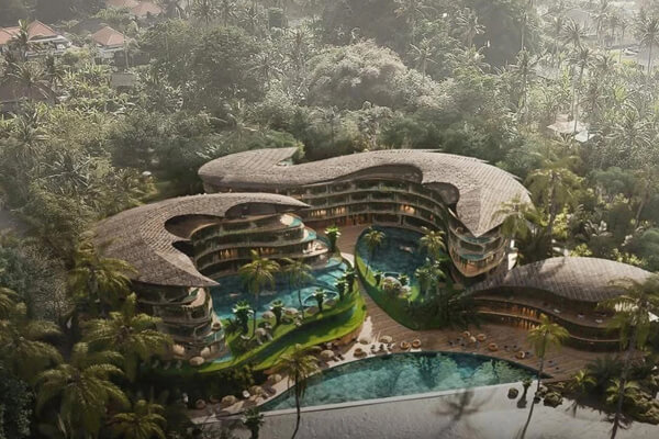 Taryan Dragon Anantara на Бали: террасы курортного комплекса среди тропической зелени, бассейны и деревянные перголы