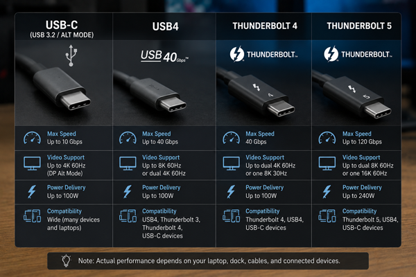Чем отличаются USB-C, USB4, Thunderbolt 4 и Thunderbolt 5?